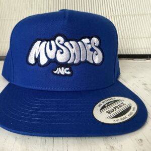 Embroidered Dark Blue Yupoong Snap Back Hat White/ Black Logo